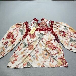 Letmebe Pink Combo Floral Print Blouse Women's Size L Puff Sleeve